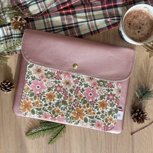 Housse ordinateur personnalisée : Paulette - Simili vieux rose - Jardin sépia